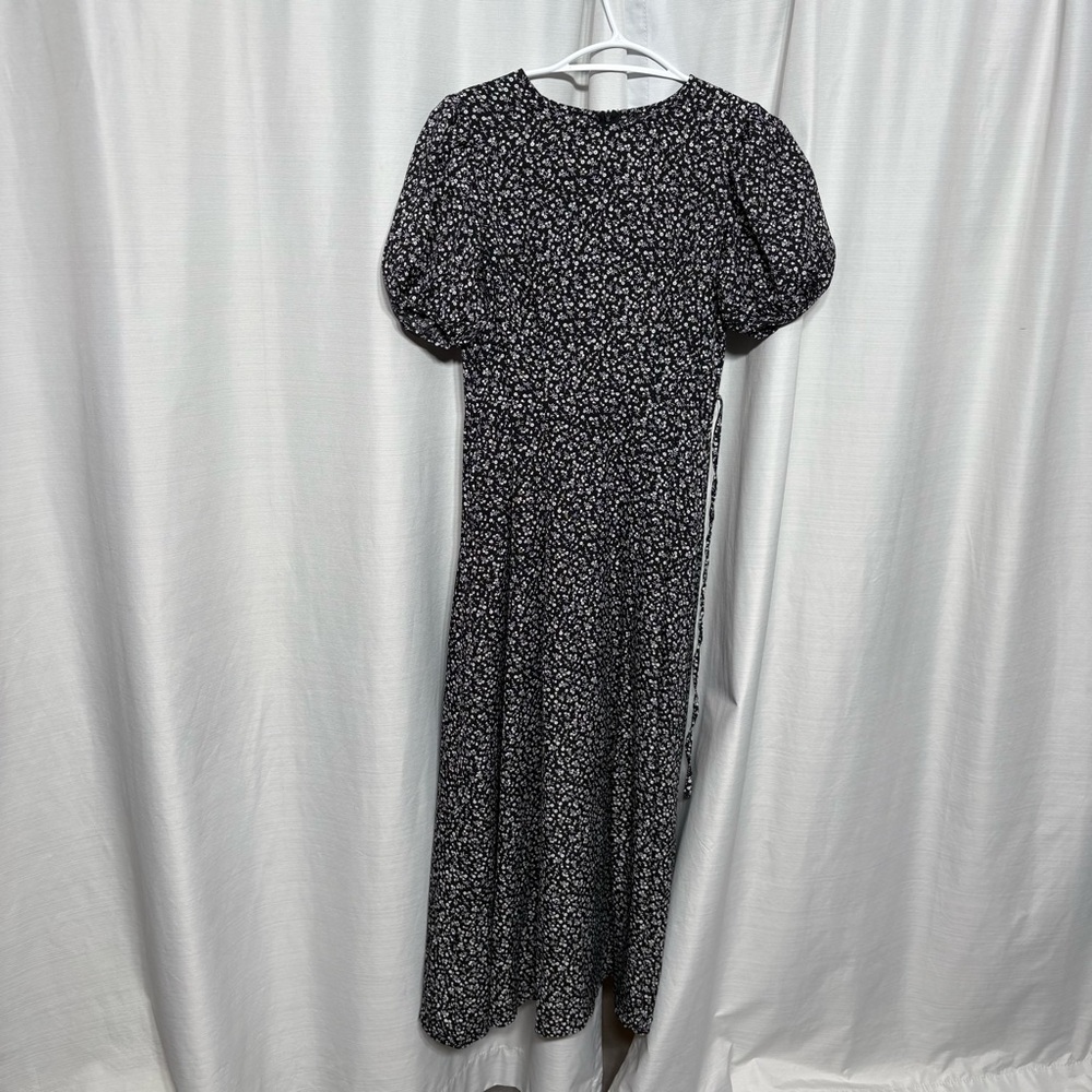 Black and White Floral‎ Midi Dress Puff Sleeve Cottagecore Spring Summer Dress